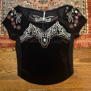 Free people party train Embroidered Black Velvet Women's Top size xs
